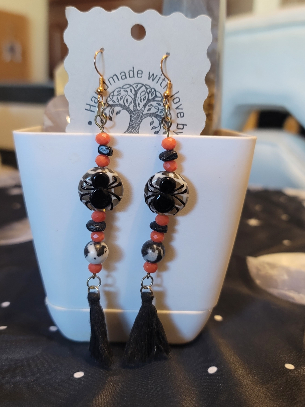 🔥3 For $25 Handmade Black and Orange Beaded Spider Tassel Earrings